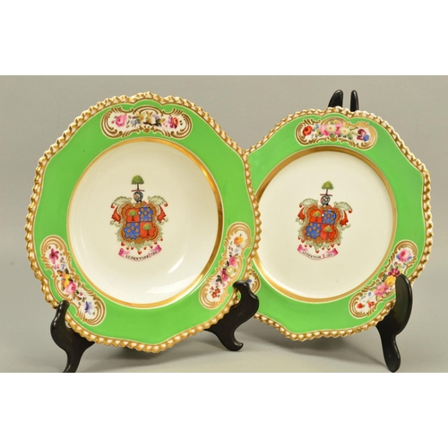 290 - A CHAMBERLAINS WORCESTER SOUP PLATE AND MATCHING DESSERT PLATE, gilt gadrooned rims, apple green bor... 