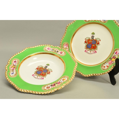 290 - A CHAMBERLAINS WORCESTER SOUP PLATE AND MATCHING DESSERT PLATE, gilt gadrooned rims, apple green bor... 