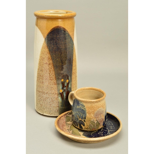 299 - CRICH POTTERY BY DIANAH WORTHY, to include a cylindrical vase of tapering form with mottled overlapp... 