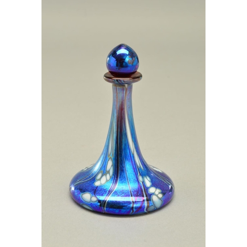 305 - A SIDDY LANGLEY SCENT BOTTLE WITH STOPPER IN THE FORM OF A SHIPS DECANTER, having an iridescent grou... 