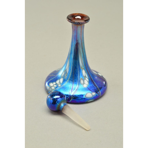 305 - A SIDDY LANGLEY SCENT BOTTLE WITH STOPPER IN THE FORM OF A SHIPS DECANTER, having an iridescent grou... 