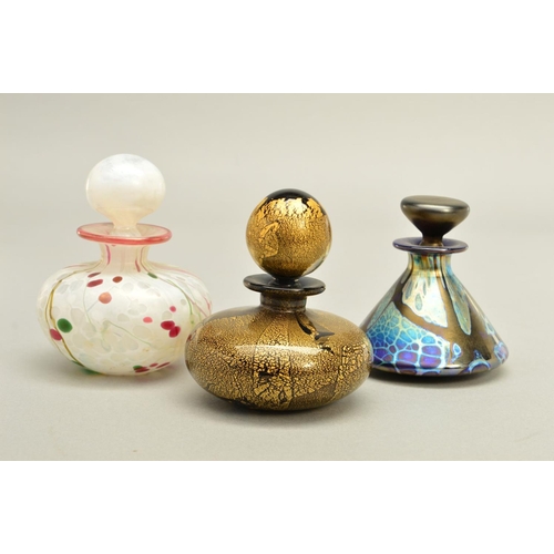 306 - THREE ISLE OF WIGHT STUDIO GLASS SCENT BOTTLES, to include a Azurene compressed globular example, he... 