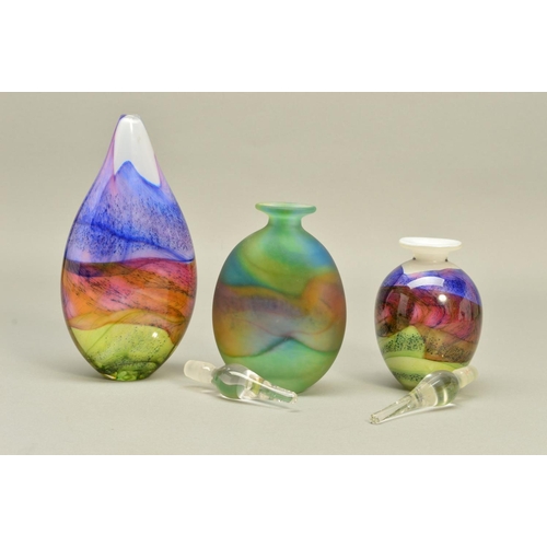 309 - TWO TOM PETIT STUDIO ART GLASS SCENT BOTTLES, the first of globular form with horizontal bands of st... 