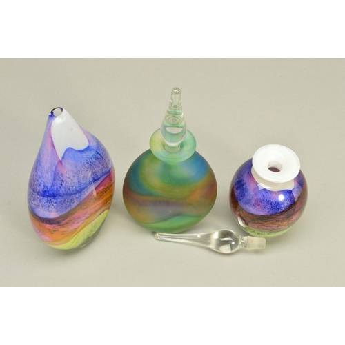 309 - TWO TOM PETIT STUDIO ART GLASS SCENT BOTTLES, the first of globular form with horizontal bands of st... 