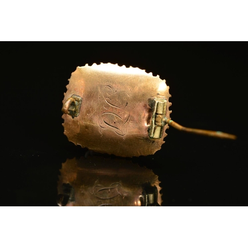 31 - AN EARLY 19TH CENTURY CORAL MOURNING BROOCH, rectangular form with blond plaited hair section, perso... 