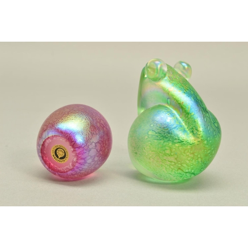 310 - JOHN DITCHFIELD FOR GLASFORM, an iridescent green frog, signed to the base with gold foil label, hei... 