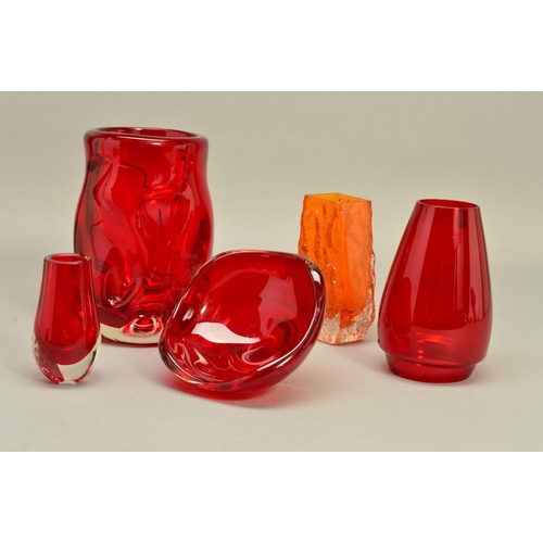 311 - A COLLECTION OF WHITEFRIARS RUBY STUDIO GLASS, to include a knobbly vase, pattern No.9609, a small b... 