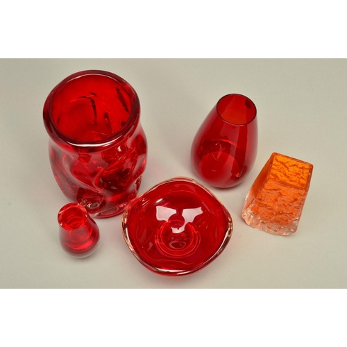 311 - A COLLECTION OF WHITEFRIARS RUBY STUDIO GLASS, to include a knobbly vase, pattern No.9609, a small b... 