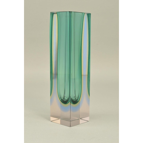 312 - A POST WAR MURANO SOMMERSO GLASS VASE, of square form, probably by Luigi Mandruzzato, cased in clear... 