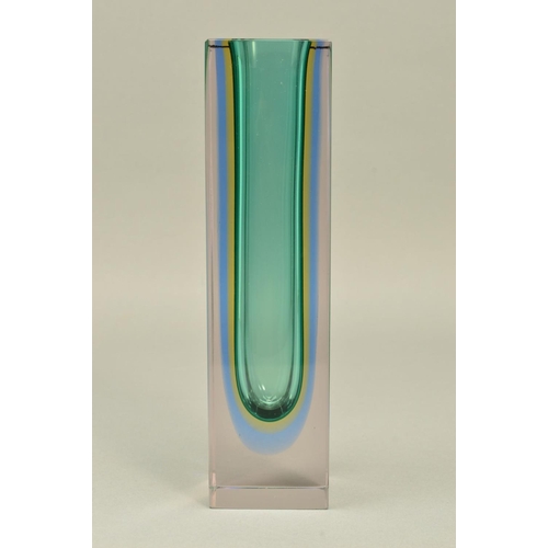 312 - A POST WAR MURANO SOMMERSO GLASS VASE, of square form, probably by Luigi Mandruzzato, cased in clear... 