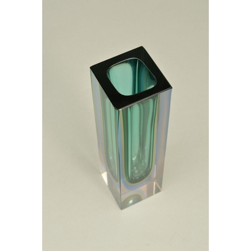 312 - A POST WAR MURANO SOMMERSO GLASS VASE, of square form, probably by Luigi Mandruzzato, cased in clear... 