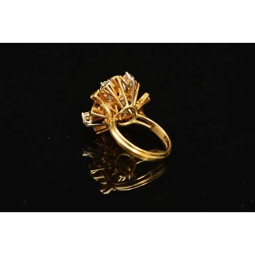 45 - A 1970'S 18CT GOLD ABSTRACT DIAMOND SET RING, designed as spokes claw set with brilliant cut diamond... 