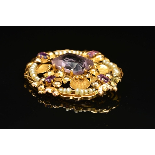 47 - A GOLD AMETHYST AND SEED PEARL BROOCH, the central rectangular amethyst, surrounded by shell and fol... 