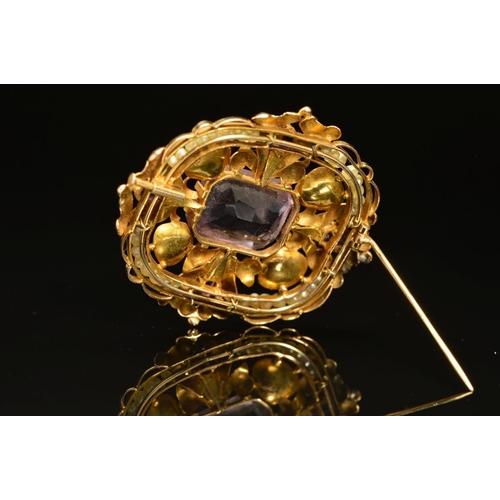 47 - A GOLD AMETHYST AND SEED PEARL BROOCH, the central rectangular amethyst, surrounded by shell and fol... 