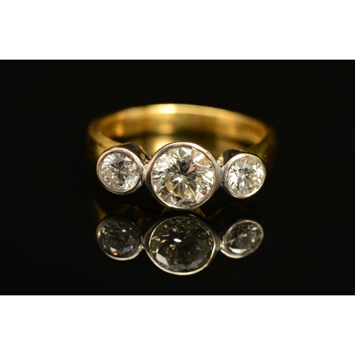 48 - AN 18CT GOLD THREE STONE DIAMOND RING, designed as three brilliant cut diamonds within collet settin... 