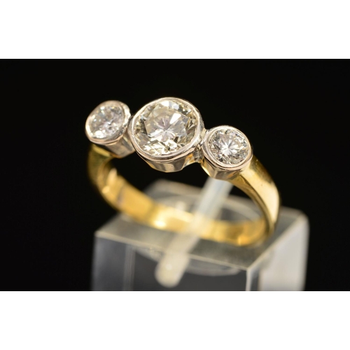 48 - AN 18CT GOLD THREE STONE DIAMOND RING, designed as three brilliant cut diamonds within collet settin... 