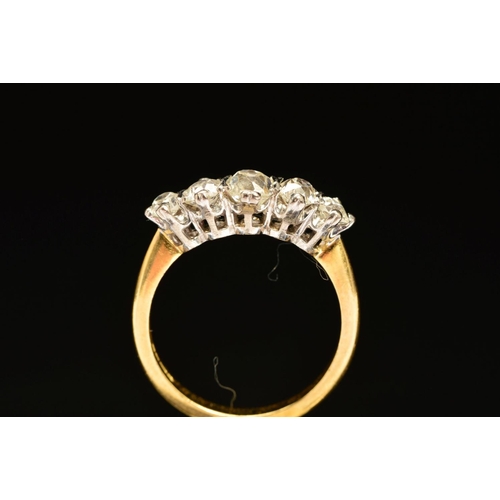 50 - AN 18CT GOLD FIVE STONE DIAMOND RING, the graduated row of old cut diamonds within claw settings, es... 