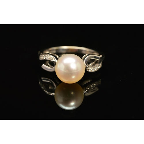 57 - A MODERN 18CT WHITE GOLD CULTURED PEARL AND DIAMOND DRESS RING, cultured akoya cultured pearl measur... 