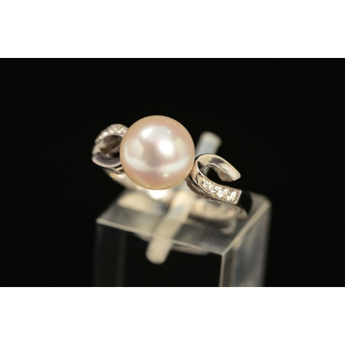 57 - A MODERN 18CT WHITE GOLD CULTURED PEARL AND DIAMOND DRESS RING, cultured akoya cultured pearl measur... 