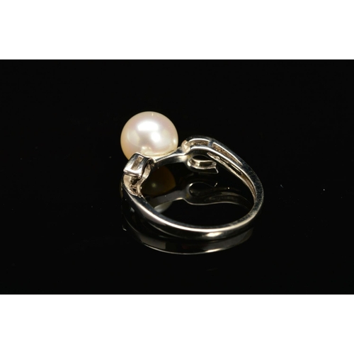 57 - A MODERN 18CT WHITE GOLD CULTURED PEARL AND DIAMOND DRESS RING, cultured akoya cultured pearl measur... 