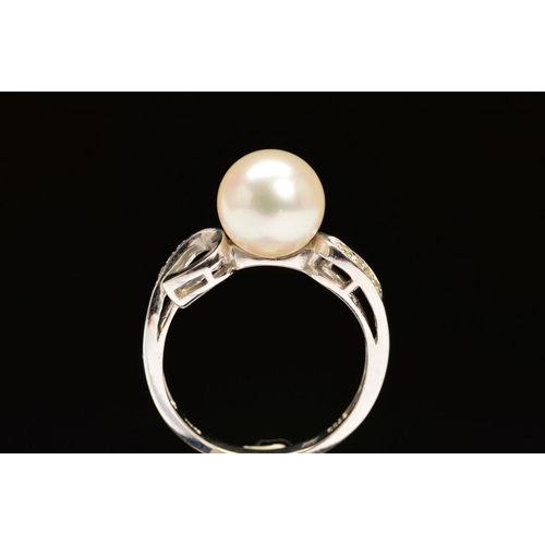 57 - A MODERN 18CT WHITE GOLD CULTURED PEARL AND DIAMOND DRESS RING, cultured akoya cultured pearl measur... 