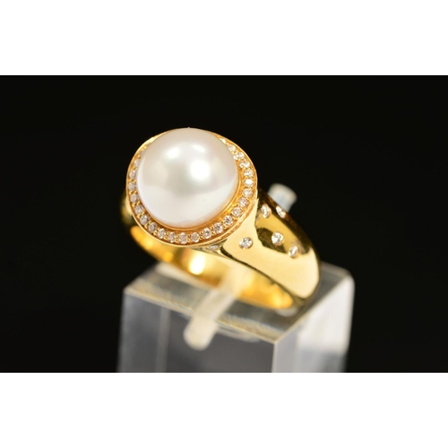 58 - A MODERN 18CT GOLD AKOYA CULTURED PEARL AND DIAMOND RING, centring on a large white cultured pearl m... 