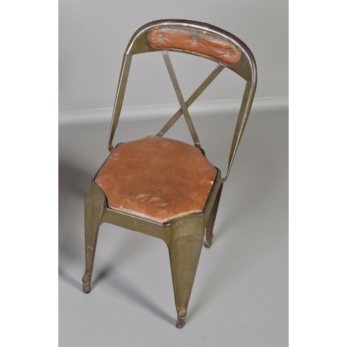 592 - AN VINTAGE EVERTAUT INDUSTRIAL GREEN PAINTED STACKING CHAIR, maker's label to reverse of seat, toget... 