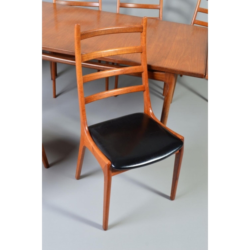 594 - KAI KRISTIANSEN FOR KORUP STOLEFABRIK, a set of six 1960's ladderback chairs covered with black viny... 