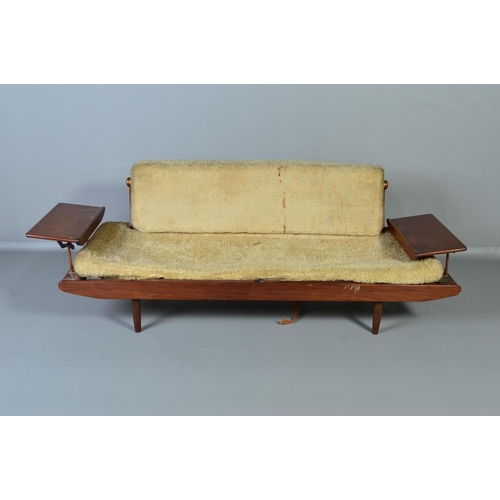 595 - A TOOTHILL 1950'S/60'S DANISH STYLE AFROMOSIA TEAK DAY BED/SOFA, with a flip over back and flanked b... 