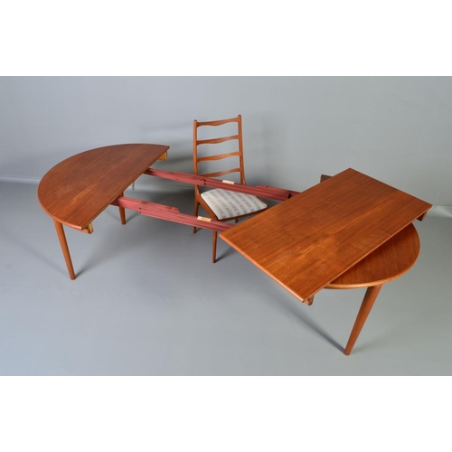 597 - ULDUM MOBELFABRIK, a teak extending dining table, the ends of a half moon design and two leaves with... 