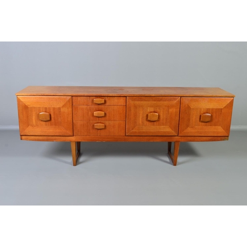 598 - A STONEHILL TEAK SIDEBOARD, the door fronts with a geometric pattern and central shaped handle, flan... 