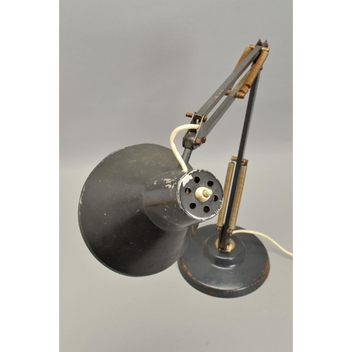 601 - AN EARLY 20TH CENTURY DARK BLUE PAINTED ANGLE POISE STYLE DESK LAMP on a sloped base