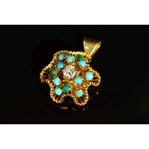 65 - A TURQUOISE AND DIAMOND PENDANT, the floral like undulating outline with tiered spokes claw set with... 