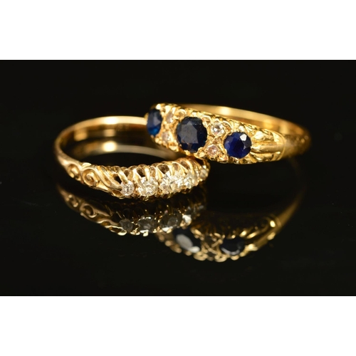 67 - TWO LATE VICTORIAN 18CT GOLD GEM RINGS, the first designed as a graduated row of five old cut diamon... 