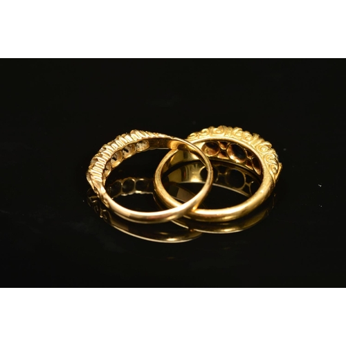 67 - TWO LATE VICTORIAN 18CT GOLD GEM RINGS, the first designed as a graduated row of five old cut diamon... 