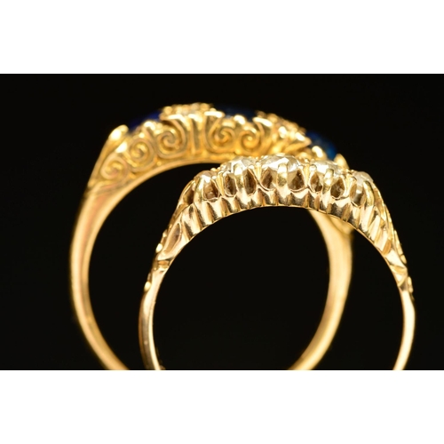 67 - TWO LATE VICTORIAN 18CT GOLD GEM RINGS, the first designed as a graduated row of five old cut diamon... 