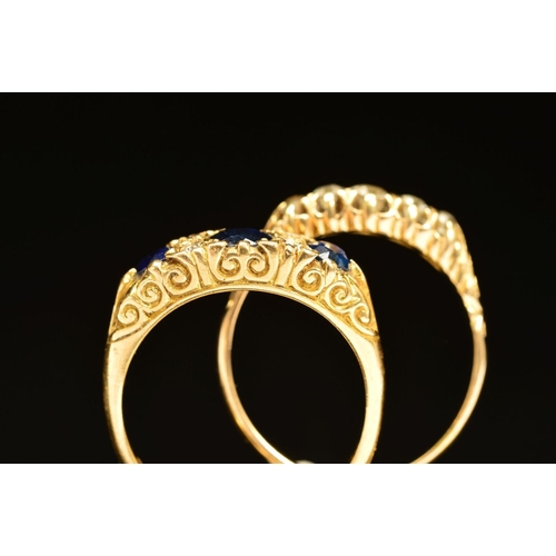 67 - TWO LATE VICTORIAN 18CT GOLD GEM RINGS, the first designed as a graduated row of five old cut diamon... 