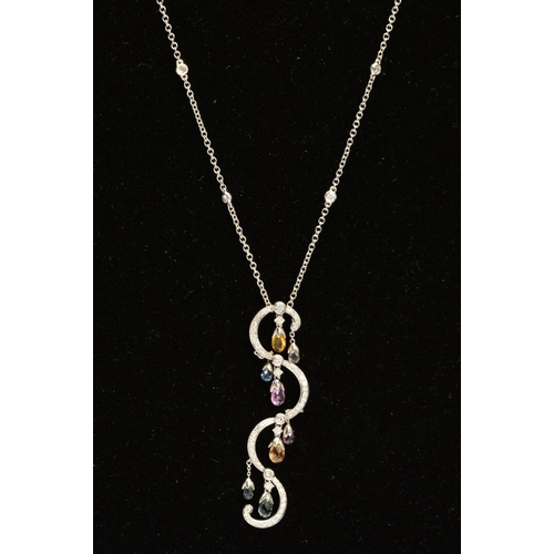 75 - A MODERN 18CT WHITE GOLD FANCY SCROLL DESIGN MULTI COLOURED SAPPHIRE AND DIAMOND PENDANT, comprised ... 