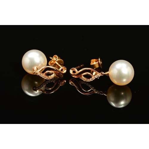 77 - A PAIR OF 18CT GOLD CULTURED PEARL AND DIAMOND DROP EARRINGS, each designed as a spherical cultured ... 