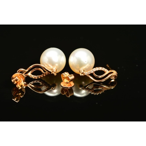 77 - A PAIR OF 18CT GOLD CULTURED PEARL AND DIAMOND DROP EARRINGS, each designed as a spherical cultured ... 