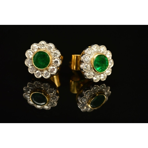 78 - A PAIR OF EMERALD AND DIAMOND STUD CLUSTER EARRINGS, each designed as a central circular emerald wit... 