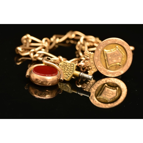 8 - AN EARLY 20TH CENTURY 9CT GOLD FANCY LINK ALBERT CHAIN, measuring approximately 310mm in length, fit... 