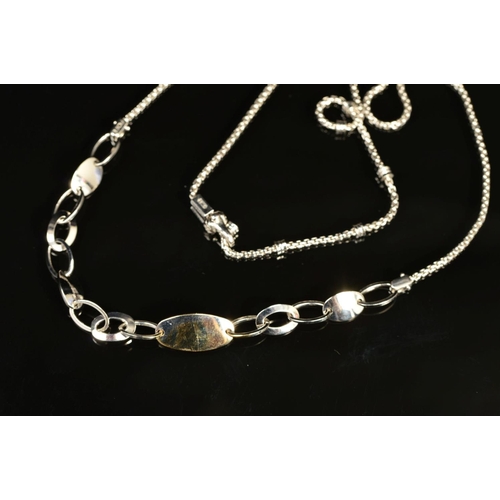 81 - A MODERN 18CT WHITE GOLD FANCY NECKLET, central section comprised of alternating solid ovals and ova... 