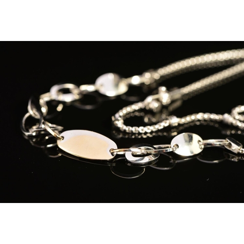 81 - A MODERN 18CT WHITE GOLD FANCY NECKLET, central section comprised of alternating solid ovals and ova... 