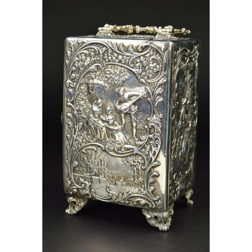 87 - AN EDWARDIAN SILVER CASED BOUDOIR OR CARRIAGE TIMEPIECE, the top with hinged carrying handle cast an... 