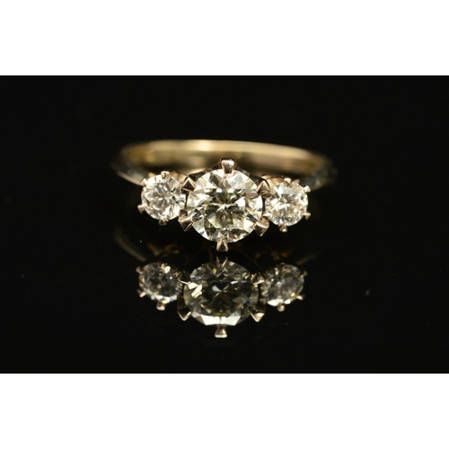 9 - A MODERN THREE STONE DIAMOND RING, centre brilliant cut diamond estimated 1.60ct, colour assessed as... 