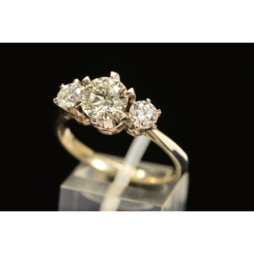 9 - A MODERN THREE STONE DIAMOND RING, centre brilliant cut diamond estimated 1.60ct, colour assessed as... 