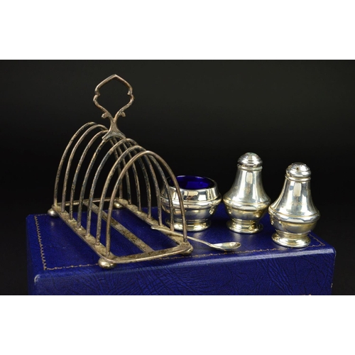 93 - A GEORGE V SILVER SEVEN BAR TOAST RACK, arched form on a rectangular base with flattened bun feet, n... 