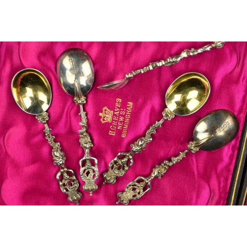 95 - A CASED SET OF TWELVE VICTORIAN SILVER TEASPOONS AND MATCHING SUGAR TONGS, cast with crown finials h... 