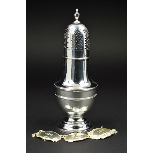 97 - A GEORGE V SILVER ASPREY & CO LTD SUGAR CASTER, of baluster form, knop finial to the screw fitting c... 